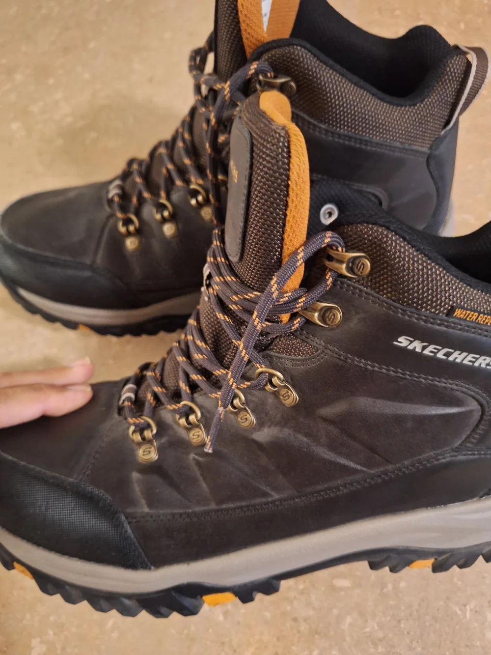 Skechers Men's Black and Brown Waterproof Hiker Boots with Orange Accents